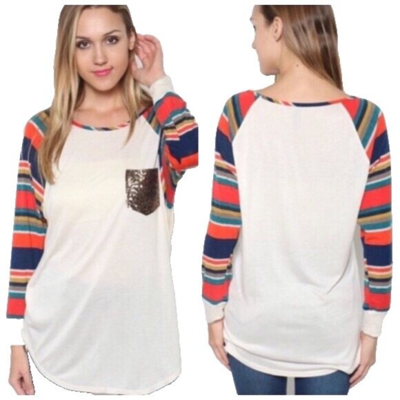 Hi Low Shirt Women Small Sequin Pocket Striped Arm Long Sleeve - Picture 1 of 2